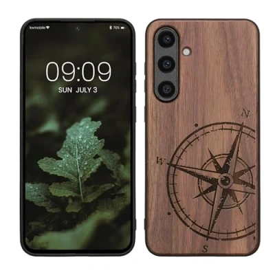 Afbeelding van kwmobile telefoonhoesje geschikt voorSamsung Galaxy S24 FE Hoesje met bumper hout In donkerbruin Vintage Kompas design