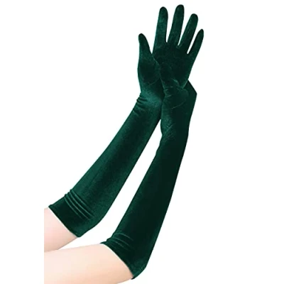 Afbeelding van EORUBE Lange operahandschoenen voor dames, fluwelen handschoenen uit de jaren 20, rekbaar, ellebooglengte, Halloween kostuum, donkergroen, één maat, Donkergroen