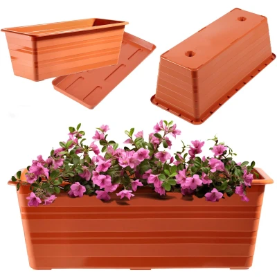 Afbeelding van KADAX Plantenbak, balkonbak, weerbestendig, kunststof, bloembak, leuningbak, voor het kweken van bloemen, kruiden (40 cm met onderzetters, antraciet)