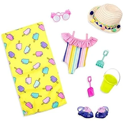 Afbeelding van Glitter Girls Deluxe poppenkleding 36 cm Badpak, strandhanddoek, zandspeelgoed, zonnehoed, zonnebril, sandalen, accessoires voor poppen, kinderspeelgoed