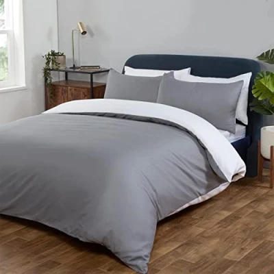 Afbeelding van Brentfords beddengoedset voor eenpersoonsbed, omkeerbaar, dekbedovertrek en kussensloop, grijs/wit