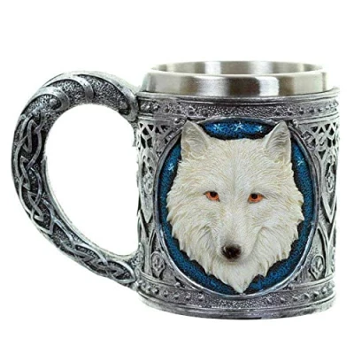 Afbeelding van Decoratieve Witte Wolf Drinkbeker mok met RVS inzet voor warme en koude drankjes