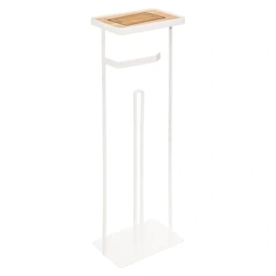 Afbeelding van Staande wc/toiletrolhouder wit met reservoir en telefoon plankje 59 cm van metaal Wc rol houder Toiletrol