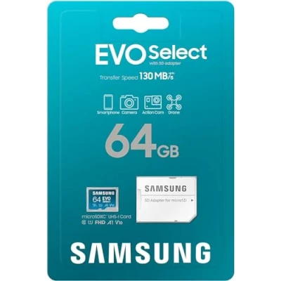 Afbeelding van Samsung EVO Select microSDXC UHS I U1 geheugenkaart (130 MB/s) met SD adapter (MB ME64KA/EU) 64GB