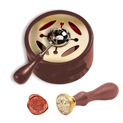 Afbeelding van wasverwarmer, verwarmde houten pot met smeltlepel, voor het verzegelen van stempels, geschenkverpakking, privéenvelop (roodbruin)