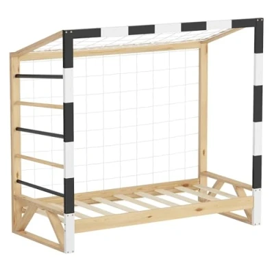 Afbeelding van Kinderbed Voetbaldoel 70x140 cm Houten bed met lattenbodem Klimladder &amp; net Jeugdbed van grenenhout ML design