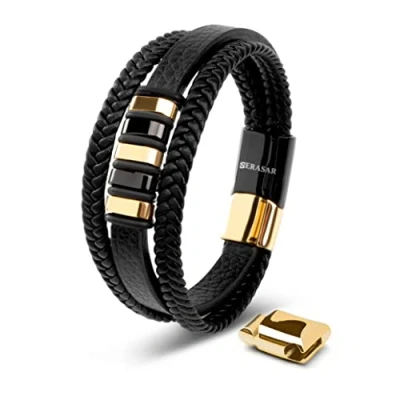Afbeelding van SERASAR Premium Leren Herenarmband [Steel] Goud/Zwart 17cm Om Cadeau Te Geven