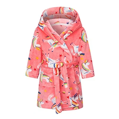 Afbeelding van Baogaier Badjas voor kinderen, met capuchon, kamerjas, jongens, meisjes, zacht, pyjama, nachtkleding, tieners, dierenprint, fleece, riem en zak, baby, peuters, 1 7 jaar, Roze Eenhoorn