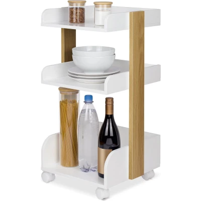Afbeelding van Bomoe Bosse FSC® Houten Keukentrolley op 4 Vastzetbare Wielen &amp; 3 Etages Serveerwagen 32x35x69cm Wit Eik voor Badkamer Kantoor