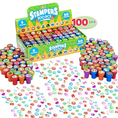 Afbeelding van 100 verschillende stempels voor kinderen, zelfkleurende (50 modellen, kunststof stempels, dinosaurusstempels, dierentuin safari stempels) paaseieren, geschenken