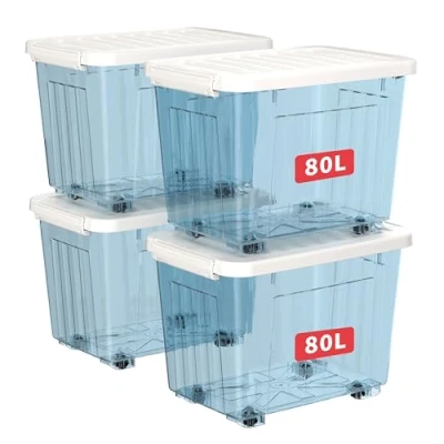 Afbeelding van Cetomo 80 l x 4 opbergdozen met deksel, opbergdoos van kunststof clips en wielen, stapelbaar, inbouw, voor kantoorkast thuis, blauw, transparant, l, stuks