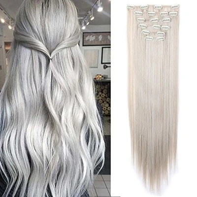 Afbeelding van Haarverlenging met clip, natuurlijk haar, synthetisch haarverlenging, 8 strepen, 66 cm, honingblond, grijs, zilvergrijs