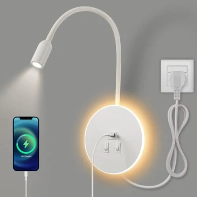 Afbeelding van Awekliy Led wandlamp, flexibele zwanenhalslamp, leeslamp voor nachtkastje met schakelaar, USB oplaadpoort, kamerlicht (natuurlijk licht 3 W + warm 8 W) stekker, wit