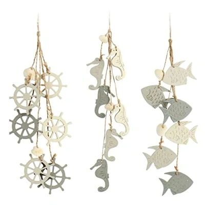 Afbeelding van COM FOUR® 3 x Maritime hangende decoratie stuurwiel, vis en zeepaardje met schelp houten (3 stuks grijs/wit)