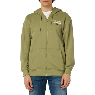 Image de Tommy Hilfiger Pull à capuche zippé avec logo pour homme, Vert (olive délavée), S