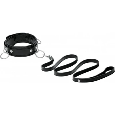Afbeelding van Leren Halsband met 3 Ringen en Riem Zwart