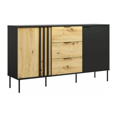 Afbeelding van Vente unique Buffetkast met 2 deurtjes en 3 lades Zwart naturel TUNALO L 165.1 cm x H 92 D 40