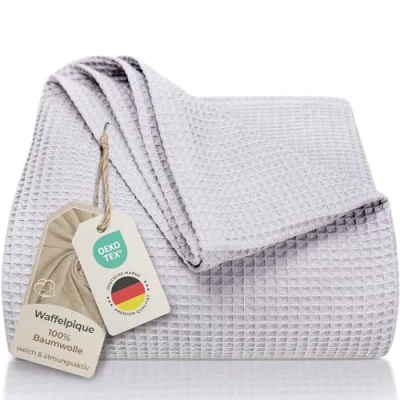 Afbeelding van LAYNENBURG Sprei 240 x 260 cm XXL Wafelpiqué 100% Katoen Licht zomerdeken Katoenen deken voor bed, bank Luchtige sofa (grijs)