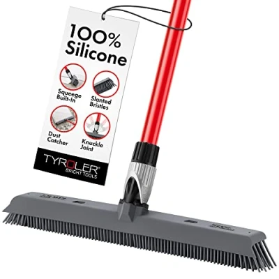 Afbeelding van Tyroler 2 in 1 bezem en schraper, 41 cm kop, 100% siliconen, roestvrije handgreep van 140 cm, perfecte voor huisdierharen, terrassen, tegels, binnen buiten (grijs)