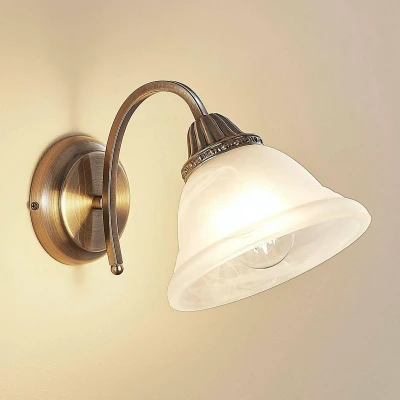 Afbeelding van Lindby wandlamp 1licht glas, metaal H: 20 cm E27 wit alabaster, oud messing
