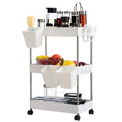 Afbeelding van DOEWORKS Opbergwagen keukenwagen met 3 niveaus, rolwagen hangende kopjes, opbergrek voor keuken, badkamer, slaapkamer, kantoor, wit