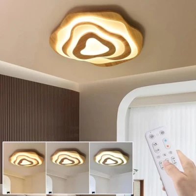 Afbeelding van Ledplafondlamp, rond, diameter 60 cm, 50 W, dimbaar, met afstandsbediening, 3000 K, 6000 van hout, modern en elegant, voor slaapkamer, woonkamer, kantoor