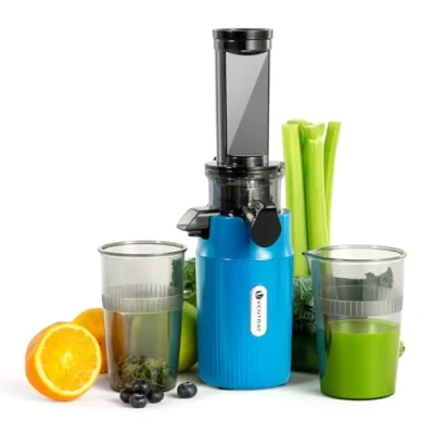 Afbeelding van Ventray Ginnie Slow Juicer Sapcentrifuge, zachte druk, 60 omwentelingen, koude pers, omgekeerde kauwfunctie, sapcentrifuge voor groenten en fruit, BPA vrij, gemakkelijk te reinigen, hemelsblauw