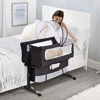 Afbeelding van THINFAR Cododo wieg met matras en muggennet, 2 in 1, babybed voor baby&#039;s van 0 tot 36 maanden, opvouwbaar, beweegbare babywieg, logeerbed (92 x 58 70 87 cm, zwart)