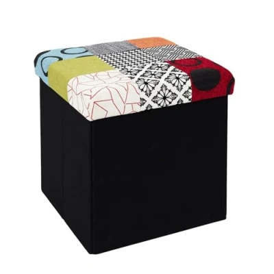 Afbeelding van Home Deco Poef en opbergbox in 1 Patchwork deksel 38 x cm opvouwbaar