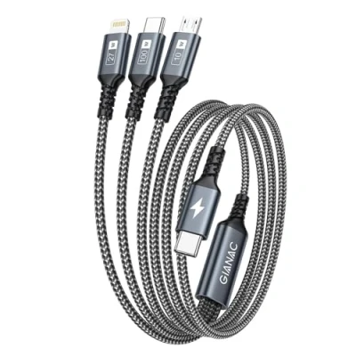 Afbeelding van 100 W USB C naar Multi snellaadkabel [1,2 M] met E Mark chip 3 in 1 [100 W]+Micro [10W] + Lightning [27W] voor Galaxy S23/iPad Pro, iPad Mini, MacBook Pro/Air/iPhone 15, 14, 13