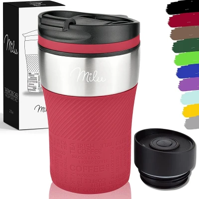 Afbeelding van Milu Thermo mok, thermosbeker, koffiemok, 210 ml, 100% lekvrij, roestvrijstalen drinkbeker, dubbelwandige isolatie, reisbeker (rood)