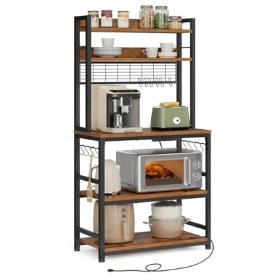 Afbeelding van VASAGLE KKS025B01EU Keukenrek met stopcontacten, magnetronrek roosterplaat, 14 haken, 40 x 80 170 cm, vintage bruin/zwart