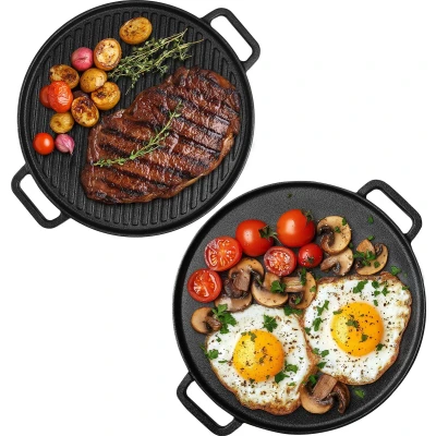 Afbeelding van Navaris omkeerbare gietijzeren grillplaat Ronde bakplaat geschikt voor alle hittebronnen grill barbecue oven of fornuis Ø 30 cm plaat