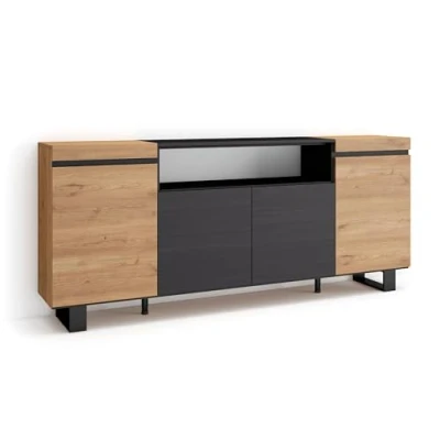 Afbeelding van Skraut Home Dressoir voor woonkamer en keuken opbergkast, commode 200 x 87 35 cm 4 deuren elektrische open haard industrieel design moderne stijl eiken zwart
