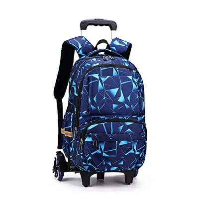 Afbeelding van ANSIEDIO Rugzak met wieltjes, schooltas, reizen, kinderen, meisjes, jongens, 6 wielen, Blauwe geometrie, Schooltas wieltjes