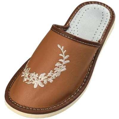 Afbeelding van APREGGIO pantoffels voor dames, leer, praktische volwassenen, handgemaakt, comfortabele damesschoenen, Bruin