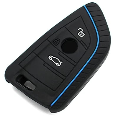 Afbeelding van Finest Folia Siliconen beschermhoes voor autosleutels met 3 knoppen, zwart en blauw.