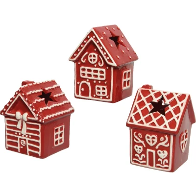 Afbeelding van Rode waxinelichthouder huisje met geribbeld dak van dolomiet 12cm kerstdecoratie kerst luxe theelichthouder voor kaarsjes