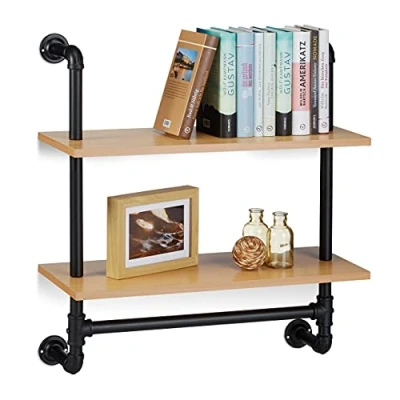Afbeelding van Relaxdays Wandrek met 2 planken industrieel wandplanken hout en metaal boekenrek