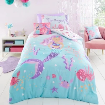 Afbeelding van Bedlam Zeemeermin Dekbedovertrek Eenpersoons bed (200 x 140 cm) Omkeerbaar (2 motieven) voor meisjes Zeedieren patroon kamer decoratie