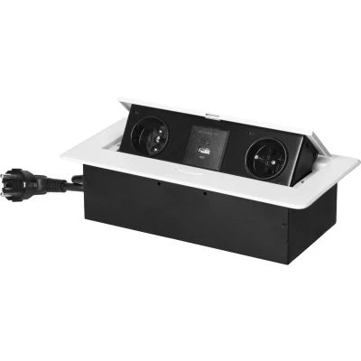 Afbeelding van Bureau stekkerdoos met USB Pop up Stekkerblok 2 stopcontacten, 1x A en C Inbouw Verdeelstekker RVS afwerking 1.5 meter kabel voor max. 3680 Watt Penaarde Wit