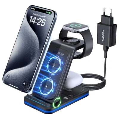 Afbeelding van MANKIW 3 in 1 draadloos laadstation voor iPhone en iWatch compatibel met 15/14/13/12/11/X, Apple Watch 7/6/5/4/3/2/SE, AirPods 3/2/Pro
