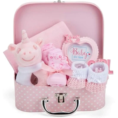 Image de Baby Box Shop Coffret Naissance pour bébé Fille avec Cadeaux Bébés Incluant Hochet Cadre photo Linge de Mousseline Bavoir Paire Chaussettes Mitaines et Bonnet