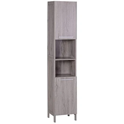 Afbeelding van HOMCOM Opbergzuil voor badkamer, afmetingen: 30 x 32 172 cm, 2 kasten met plank + nissen, MDF, houtlook, grijs