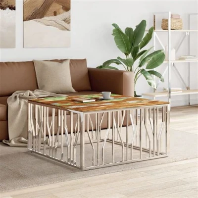 Afbeelding van Salontafel roestvrij staal en massief gerecycled hout zilver