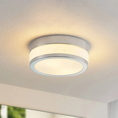 Afbeelding van Lindby Plafondlamp badkamer 2lichts glas, metaal H: 9 cm E27 opaalwit, chroom