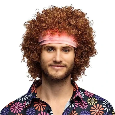 Afbeelding van Boland Pruik Hippie groove Bruin Krullen Halflang Mannen 80&#039;s &amp; 90&#039;s Disco 60&#039;s 70&#039;s Flower Power