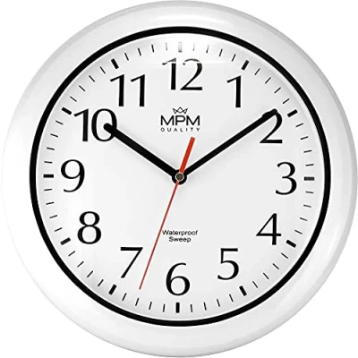 Afbeelding van MPM Quality Design badkamerwandklok van kunststof en mineraalglas, kwartsuurwerk, waterdicht 3 5 ATM, wit/zwart, Ø 305 mm, ook geschikt voor buiten als klok
