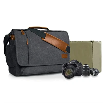 Afbeelding van Estarer cameratas, fototas, SLR/DSLR/spiegelreflex, schoudertas van waterafstotend canvas, 15,6 inch, grijs