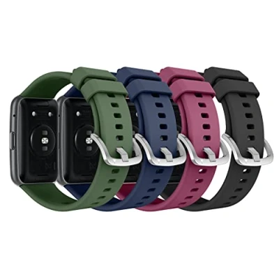 Afbeelding van MoKo Set van 4 bandjes compatibel met Huawei Watch Fit Active/Elegant, reservebandjes siliconen, wijnrood/nachtblauw/donkergroen/grafiet zwart
